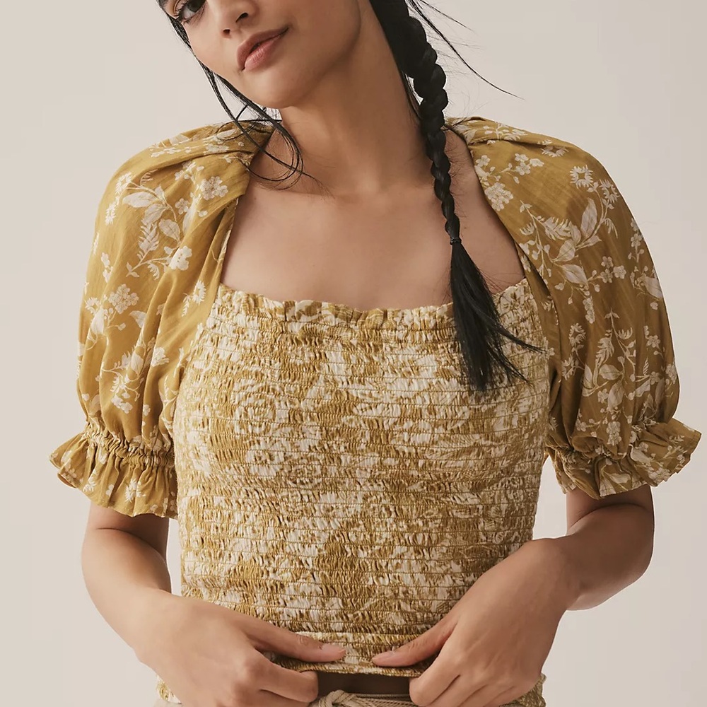Anthropologie Yellow Smocked Puff Sleeve Blouse